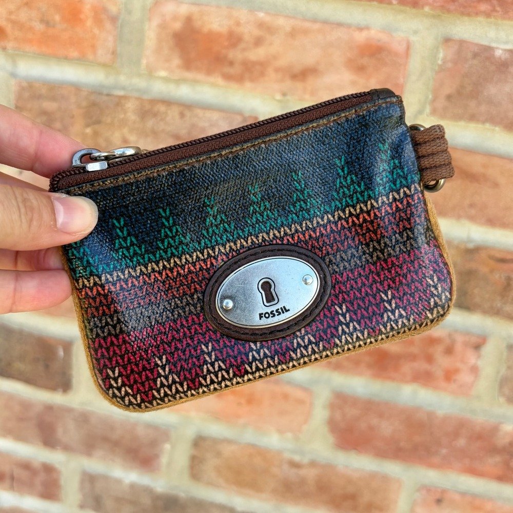 Fossil Key-Per Coated Canvas ID Badge Holder Coin Purse Multi-Color Knit Pattern